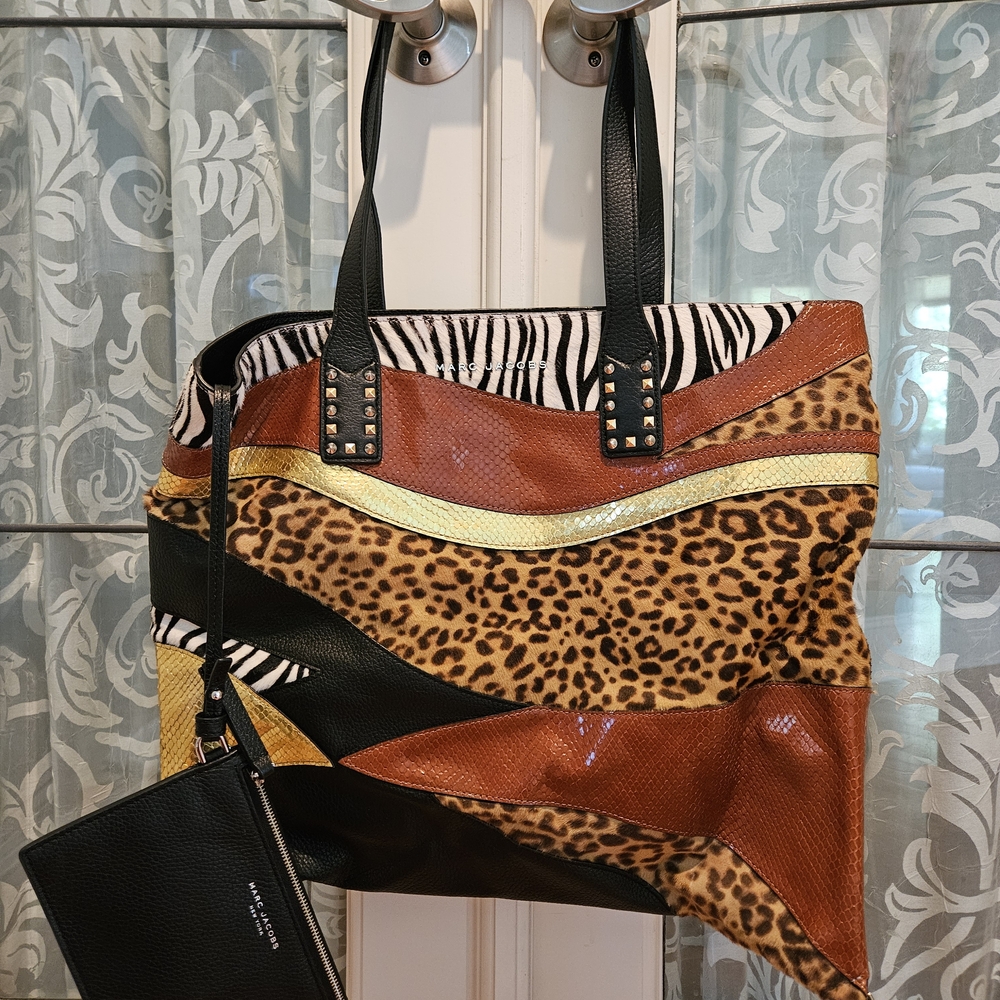 Marc Jacobs Metallic Calfskin Embossed Ponyhair Patchwork Tote & Blk Coin Purse - Picture 2 of 10